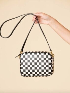 Clare V. Midi Sac Checker Crossbody Bag in Black and White with Gold Hardware